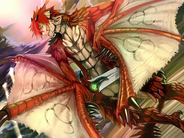 Anime picture 1152x864 with monster hunter er-mint single short hair green eyes red hair monster boy boy weapon sword wings dragon monster