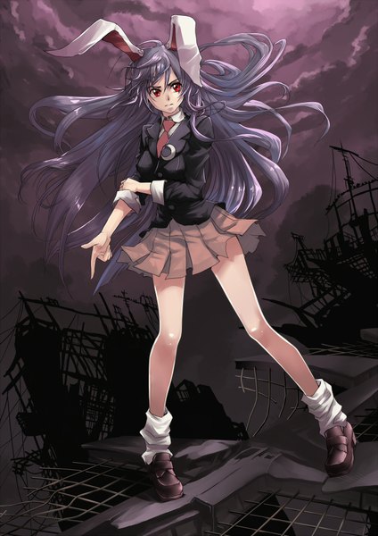 Anime picture 1240x1754 with touhou reisen udongein inaba realmbw single long hair tall image red eyes silver hair cloud (clouds) bunny ears bunny girl girl skirt miniskirt boots