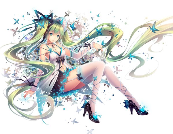 Anime picture 1290x1000 with vocaloid hatsune miku tidsean single blue eyes simple background white background twintails bare shoulders very long hair aqua hair butterfly on hand girl thighhighs dress navel hair ornament ribbon (ribbons) hair ribbon white thighhighs