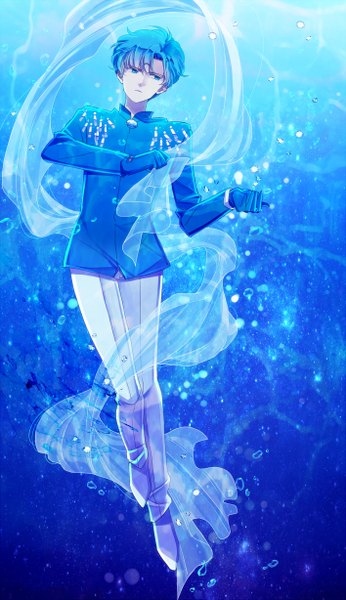 Anime picture 708x1228 with bishoujo senshi sailor moon toei animation safire saki (hxaxcxk) single tall image short hair blue eyes blue hair looking away blue background transparent boy gloves scarf pants transparent clothing crystal shawl
