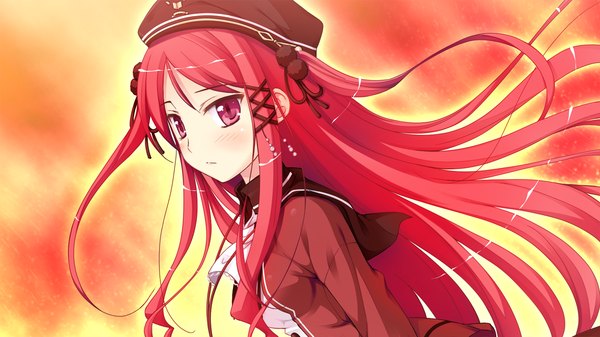 Anime picture 1280x720 with witch's garden hinomiya ayari ko~cha single long hair looking at viewer red eyes wide image game cg red hair two side up girl dress hat pendant x hair ornament fire