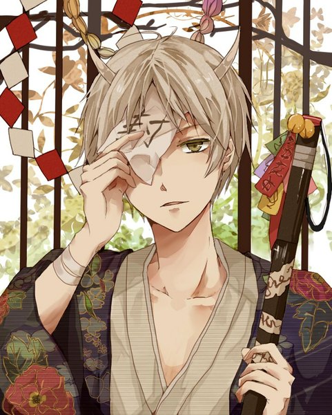Anime picture 717x895 with natsume yuujinchou brains base (studio) natsume takashi nayu (pixiv 2175127) single tall image looking at viewer short hair white background green eyes traditional clothes japanese clothes horn (horns) grey hair boy kimono leaf (leaves) bell staff jingle bell