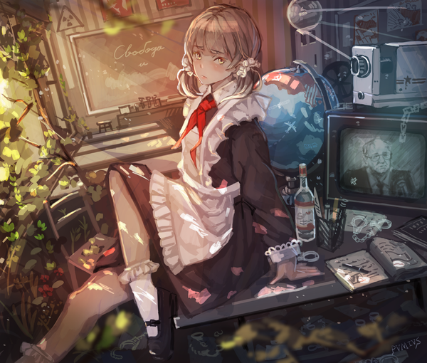 Anime picture 1440x1224 with original pvmivs single blush fringe short hair brown hair sitting twintails signed yellow eyes looking away bent knee (knees) short twintails russian girl uniform plant (plants) school uniform socks