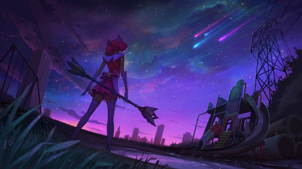 Anime picture 1920x1080 with league of legends lux (league of legends) star guardian lux single highres wide image standing twintails holding pink hair sky cloud (clouds) full body pleated skirt from behind official art wallpaper night sky city evening