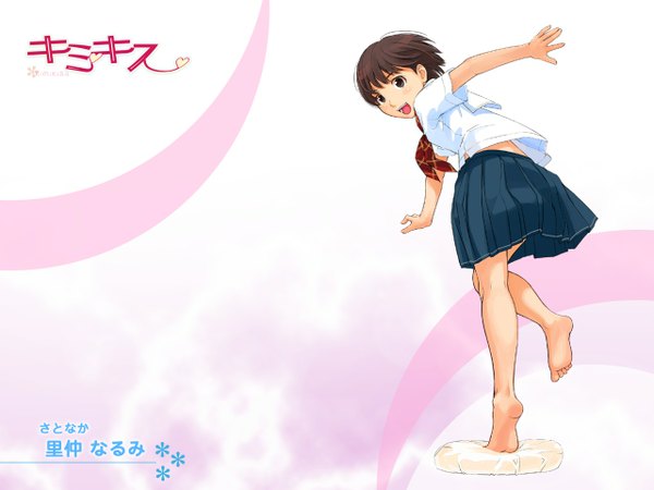 Anime picture 1280x960 with kimi kiss satonaka narumi takayama kisai short hair open mouth smile brown hair brown eyes pleated skirt barefoot inscription turning head girl skirt uniform serafuku necktie white shirt