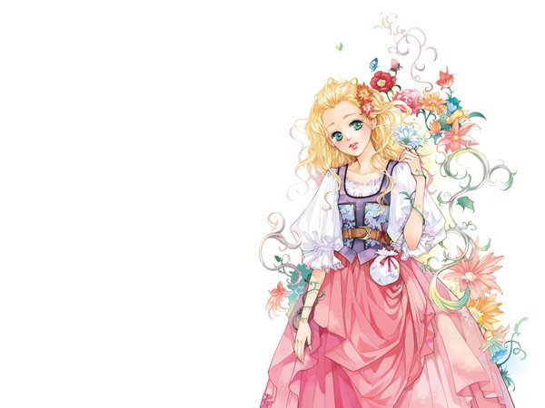 Anime picture 1600x1200 with daisy (artist) single long hair simple background blonde hair white background green eyes hair flower aqua eyes girl dress hair ornament flower (flowers)