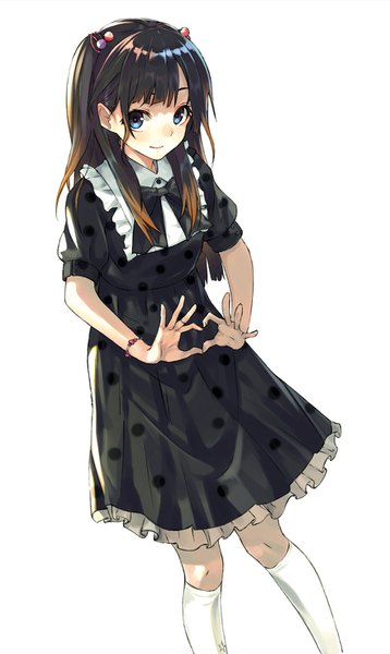 Anime picture 879x1472 with original hoshino (illyasviel) single long hair tall image looking at viewer fringe blue eyes black hair simple background smile white background two side up puffy sleeves heart hands girl dress socks bracelet black dress