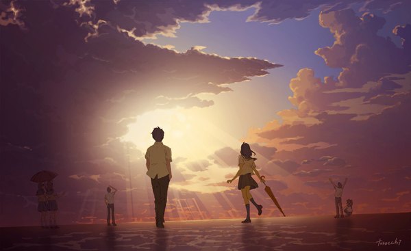 Anime picture 1000x613 with original goke shike (altamira05) long hair short hair black hair brown hair wide image standing sitting multiple girls holding sky cloud (clouds) pleated skirt wind sunlight arms up multiple boys back happy