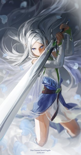 Anime picture 782x1500 with original pixiv fantasia pixiv fantasia sword regalia jane mere single tall image looking at viewer purple eyes holding bent knee (knees) white hair very long hair pointy ears fighting stance girl dress weapon detached sleeves petals belt