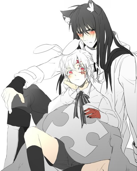 Anime picture 1367x1700 with d.gray-man allen walker kanda yuu timcanpy cadsu long hair tall image looking at viewer blush short hair black hair simple background red eyes white background sitting animal ears looking away bent knee (knees) white hair black eyes