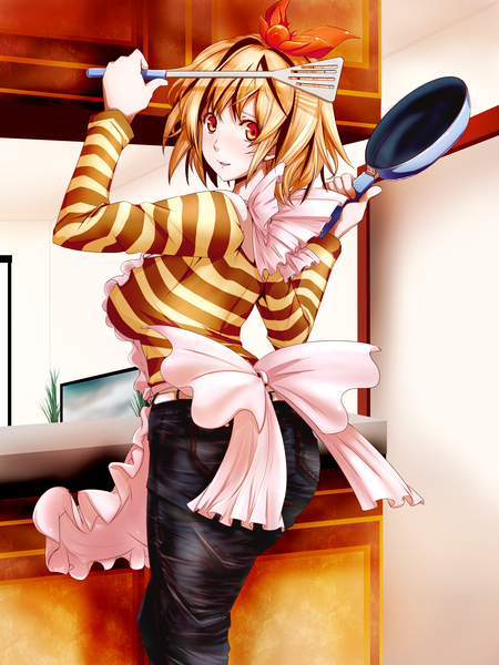Anime picture 1984x2645 with touhou toramaru shou dearmybrothers single tall image highres short hair smile red eyes looking back orange hair striped cooking girl hair ornament apron jeans kitchen frying pan spatula