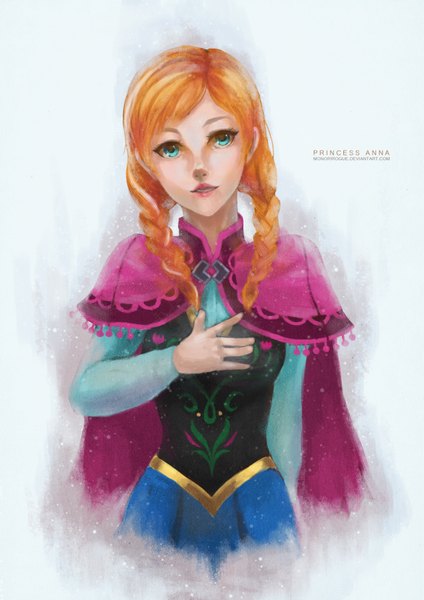 Anime picture 2480x3508 with frozen (disney) disney anna (frozen) monori rogue single long hair tall image looking at viewer highres blue eyes simple background braid (braids) lips orange hair grey background twin braids girl dress cape