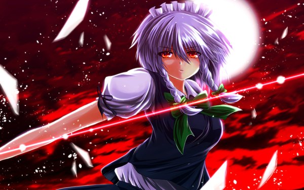 Anime picture 1920x1200 with touhou izayoi sakuya nekominase single fringe highres short hair breasts red eyes wide image purple hair braid (braids) maid twin braids glowing girl hair ornament bow hair bow moon