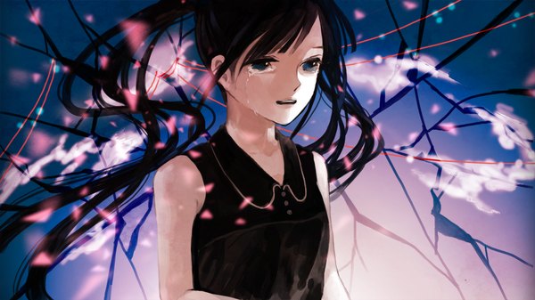 Anime picture 1200x675 with vocaloid hatsune miku single long hair fringe open mouth black hair wide image twintails black eyes alternate costume tears crying alternate color girl shirt