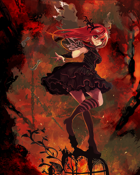 Anime picture 1440x1800 with hahaha (hohoho) single long hair tall image looking at viewer fringe smile red eyes ahoge bent knee (knees) red hair looking back multicolored hair arm up orange hair outstretched arm gradient hair smoke leg lift (legs lift) girl