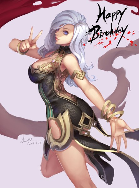 Anime picture 3673x4961 with blade & soul loewy single long hair tall image highres breasts blue eyes light erotic smile large breasts standing bare shoulders signed absurdres bent knee (knees) white hair inscription bare legs high heels