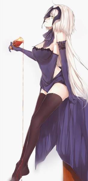 Anime picture 1200x2450 with fate (series) fate/grand order fate/apocrypha jeanne d'arc (fate) (all) jeanne d'arc alter (fate) silver (chenwen) single long hair tall image looking at viewer fringe breasts light erotic simple background large breasts white background sitting holding yellow eyes ahoge
