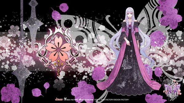 Anime picture 1920x1080 with reine des fleurs idea factory violette (reine des fleurs) usuba kagerou single looking at viewer fringe highres wide image standing purple eyes purple hair very long hair hair flower official art wallpaper wavy hair girl dress hair ornament