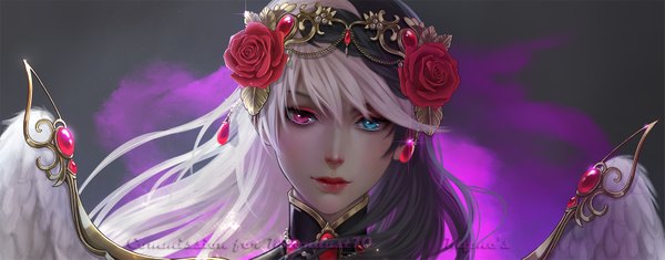 Anime picture 1577x620 with myme1 single long hair looking at viewer fringe blue eyes wide image purple hair white hair pink eyes multicolored hair two-tone hair heterochromia eyebrows eyeshadow purple background girl hair ornament flower (flowers) rose (roses)