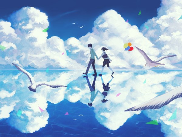 Anime picture 1200x905 with kagerou project shaft (studio) enomoto takane kokonose haruka xsong (artist) single long hair short hair black hair smile brown hair twintails looking away sky cloud (clouds) eyes closed pleated skirt sunlight holding hands reflection