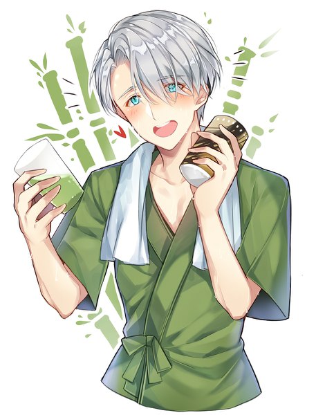 Anime picture 914x1200 with yuri!!! on ice mappa viktor nikiforov pingo single tall image blush fringe short hair open mouth blue eyes white background silver hair upper body traditional clothes japanese clothes hair over one eye boy glass tea