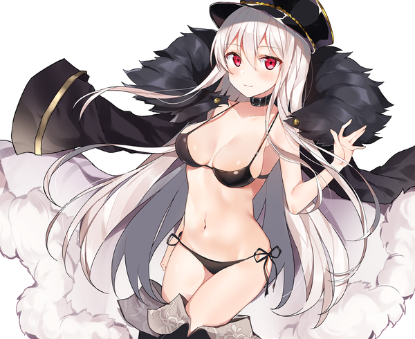 Anime picture 1213x992 with girls frontline kar98k (girls frontline) sabet (young ouo) single long hair looking at viewer blush fringe breasts light erotic simple background hair between eyes red eyes large breasts white background white hair light smile fur trim albino girl