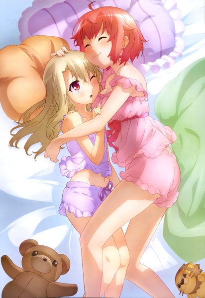 Anime picture 4082x5944 with fate (series) fate/kaleid liner prisma illya nyantype illyasviel von einzbern tanaka (fate/kaleid liner prisma illya) long hair tall image blush highres short hair blonde hair smile red eyes multiple girls absurdres red hair eyes closed official art loli hug