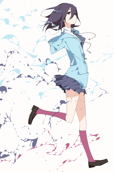 Anime picture 855x1289 with original delaney single tall image looking at viewer short hair black hair black eyes hands in pockets running abstract girl skirt miniskirt shirt socks necktie shoes hood hoodie