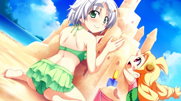 Anime picture 1024x576 with taiyou no promia taiyou no promia flowering days promia enosera von kreutzer blush short hair light erotic smile wide image green eyes game cg silver hair looking back beach chibi girl swimsuit