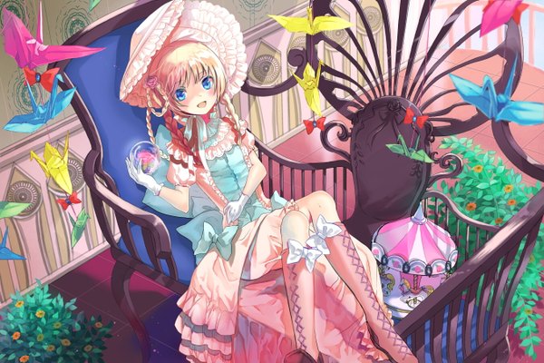 Anime picture 1350x900 with original hayama eishi single long hair looking at viewer blush fringe open mouth blue eyes blonde hair sitting holding bent knee (knees) indoors braid (braids) hair flower from above puffy sleeves twin braids crossed legs
