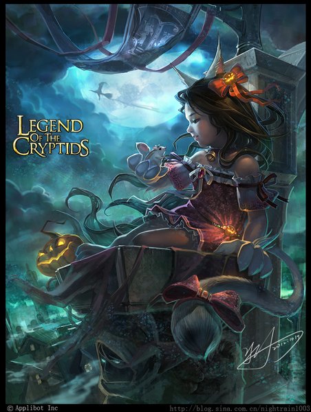 Anime picture 777x1030 with legend of the cryptids yu-han single long hair tall image black hair animal ears tail animal tail profile lips cat ears cat girl cat tail girl bow hair bow animal bell vegetables