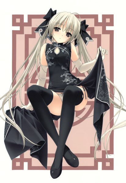 Anime picture 3014x4383 with yosuga no sora kasugano sora hashimoto takashi single long hair tall image looking at viewer blush highres light erotic absurdres silver hair ahoge traditional clothes scan grey eyes pantyshot chinese clothes dress lift girl