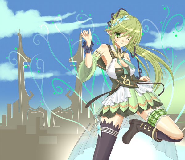 Anime picture 1500x1304 with elsword rena erindel wind sneaker (elsword) myury (artist) single long hair looking at viewer blush bare shoulders green eyes ponytail one eye closed hair flower green hair pointy ears wink girl thighhighs dress skirt