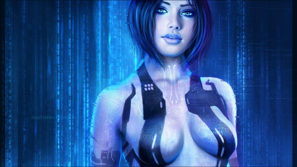 Anime picture 1920x1080 with halo (game) cortana magicnaanavi single highres short hair breasts open mouth blue eyes light erotic wide image bare shoulders signed blue hair lips realistic science fiction girl