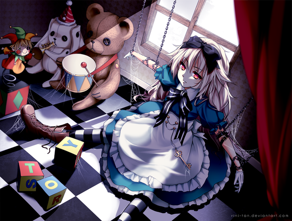Anime picture 1056x800 with alice in wonderland alice (wonderland) riniuu single long hair fringe red eyes from above glowing glowing eye (eyes) pale skin lacing checkered floor checkered girl dress gloves bow ribbon (ribbons) hair bow