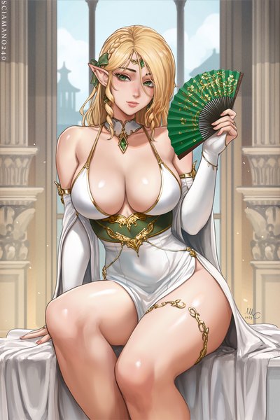 Anime picture 2000x3000 with original myra (sciamano240) sciamano240 single long hair tall image looking at viewer fringe highres breasts light erotic blonde hair hair between eyes large breasts sitting holding green eyes signed payot sky