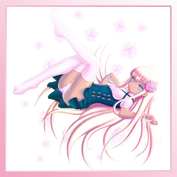 Anime picture 1024x1024 with evilflesh (artist) single long hair blue eyes light erotic pink hair hair flower girl thighhighs dress hair ornament underwear panties flower (flowers)
