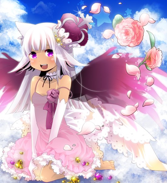 Anime picture 1400x1526 with original moonyan single long hair tall image blush open mouth purple eyes animal ears sky silver hair cloud (clouds) barefoot teeth fang (fangs) kneeling strap slip frilled dress girl dress