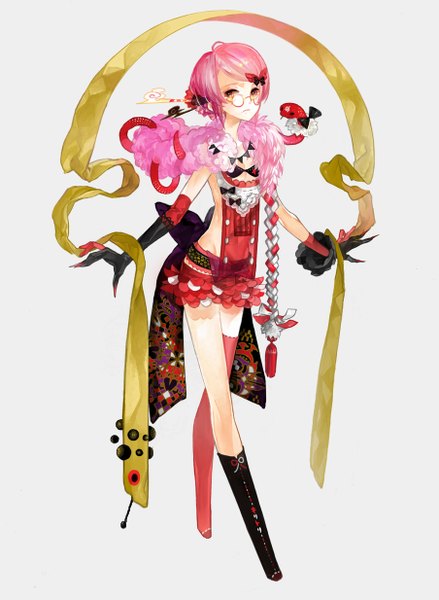 Anime picture 904x1234 with original k ototo (artist) single tall image looking at viewer short hair simple background white background yellow eyes pink hair hair bun (hair buns) spread arms girl thighhighs gloves navel hair ornament ribbon (ribbons) animal black gloves