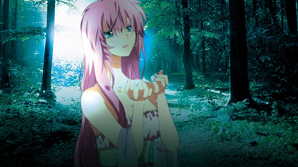 Anime picture 1500x844 with vocaloid megurine luka marirero a single long hair blue eyes wide image pink hair girl dress plant (plants) tree (trees) forest