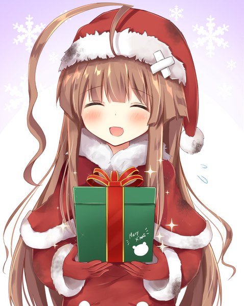 Anime picture 1049x1318 with kantai collection kuma light cruiser masayo (gin no ame) single long hair tall image blush open mouth brown hair ahoge upper body eyes closed sparkle alternate costume fur trim christmas ^ ^ ^o^ merry christmas girl