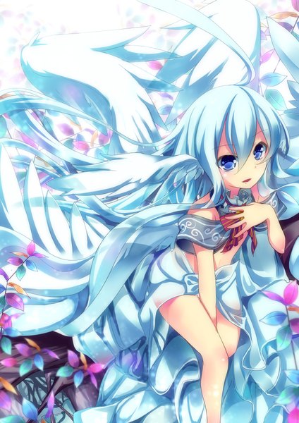 Anime picture 1446x2046 with original nyori single long hair tall image blush open mouth blue eyes white hair head wings girl wings leaf (leaves)
