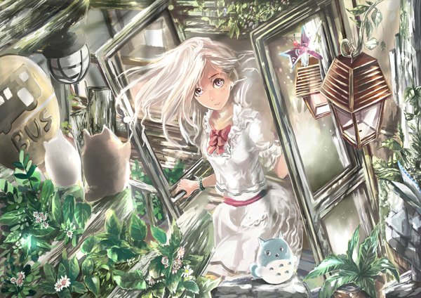 Anime picture 1131x800 with original chibi totoro ooi choon liang long hair purple eyes white hair wind reflection nature girl dress flower (flowers) bow plant (plants) animal water bracelet window insect butterfly