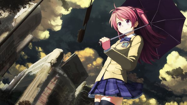 Anime picture 2000x1124 with chaos;head sakihata rimi hepari single long hair blush highres smile wide image brown eyes looking away pink hair sky cloud (clouds) pleated skirt plaid skirt destruction girl thighhighs skirt