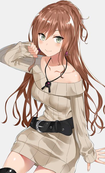 Anime picture 797x1305 with bang dream! imai lisa asato (fadeless) single long hair tall image looking at viewer blush fringe simple background smile brown hair sitting bare shoulders green eyes braid (braids) long sleeves arm up grey background arm support