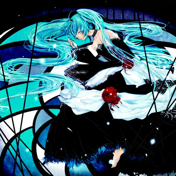 Anime picture 1968x1968 with vocaloid cantarella (vocaloid) hatsune miku amano yue single highres bare shoulders lying eyes closed very long hair nail polish barefoot aqua hair girl dress rose (roses)