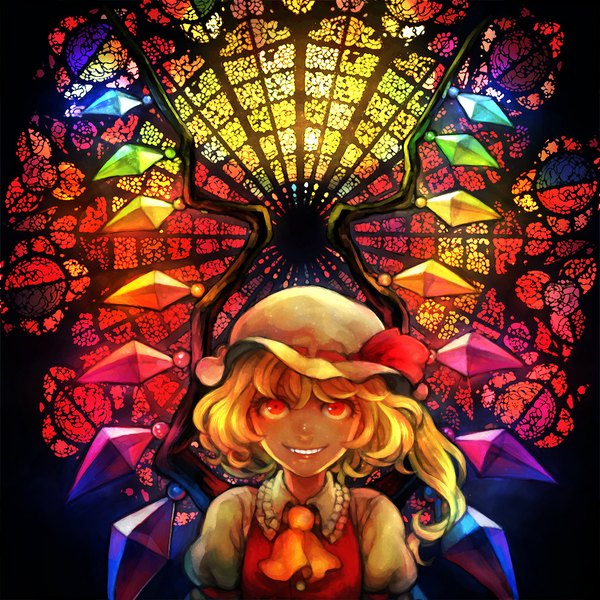 Anime picture 1000x1000 with touhou flandre scarlet akaneko redakanekocat single short hair blonde hair smile red eyes teeth one side up looking up girl wings bonnet ascot stained glass