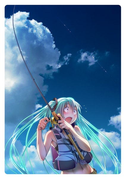 Anime picture 849x1200 with vocaloid hatsune miku wokada single long hair tall image blush open mouth twintails looking away sky aqua hair border silver eyes surprised fishing girl navel vest