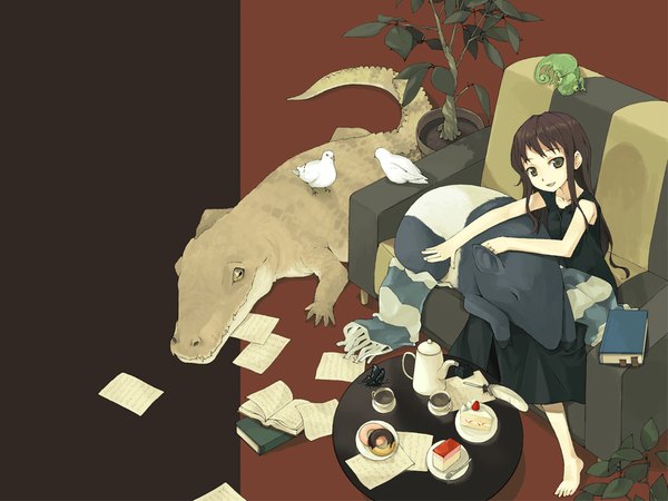 Anime picture 1024x768 with original ikura hato brown hair sitting black eyes wallpaper nature animal food sweets bird (birds) book (books) insect butterfly couch paper reptile crocodile