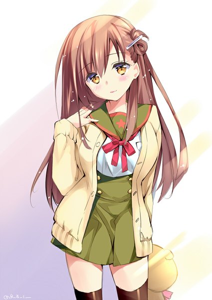 Anime picture 637x900 with gakkou gurashi! wakasa yuuri rei (rei's room) single long hair tall image looking at viewer blush fringe smile brown hair yellow eyes very long hair light smile sparkle gradient background arm behind back double buttons girl thighhighs